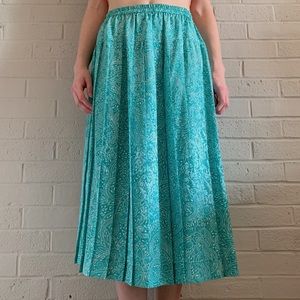 Vtg Midi Skirt paisley silky pleated long skirt petite mid calf elastic waist